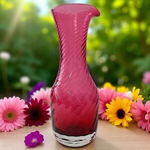 Optic Twist Cranberry Glass Vase‎ Hand Blown Encased Gibraltar Crystal Vintage